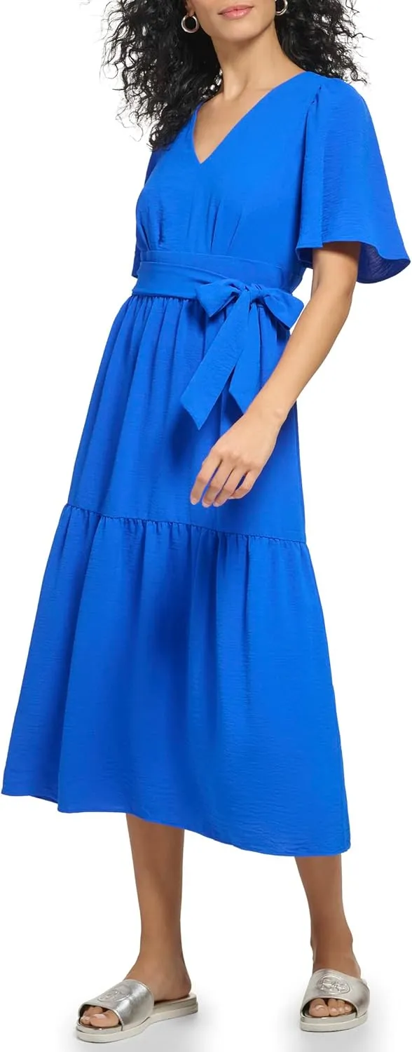 DKNY womens Short Sleeve Tiered Midi Dress
