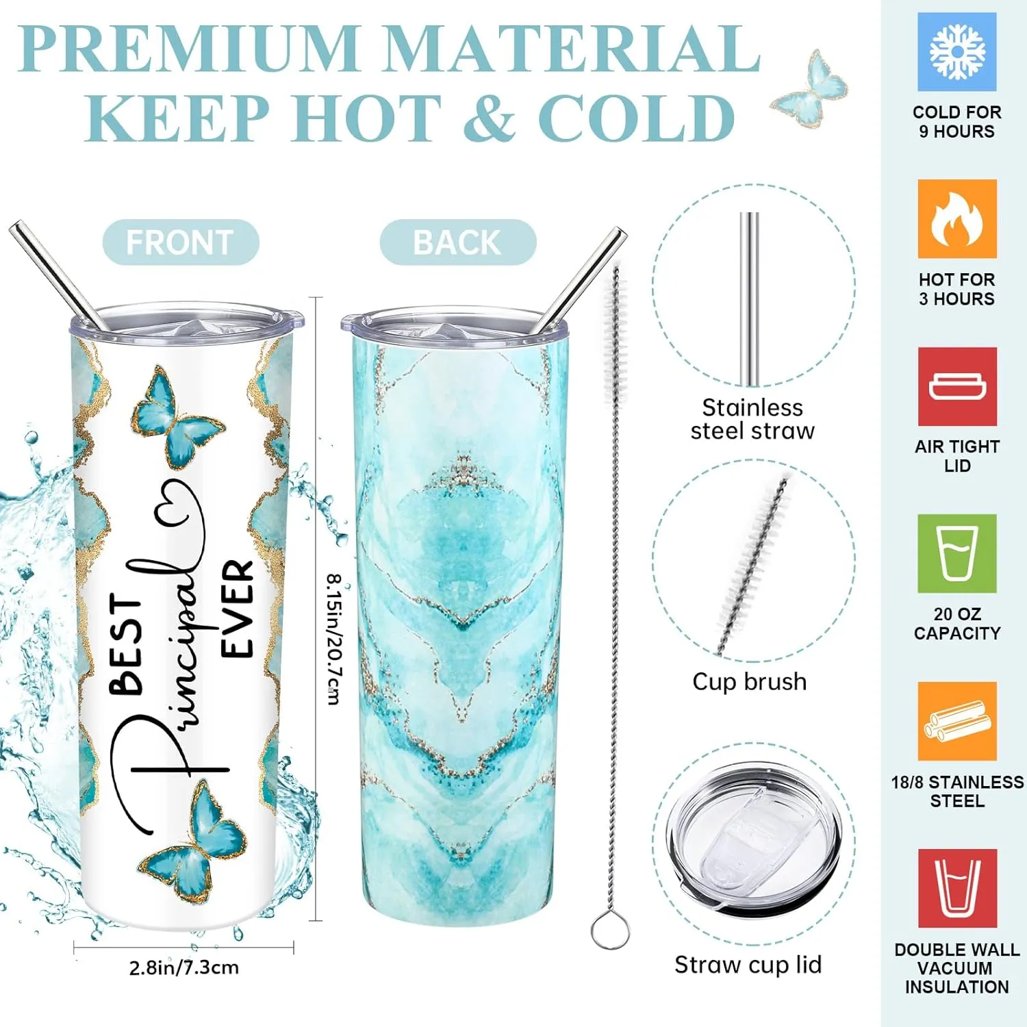 Domensi 6 Pcs Principal Appreciation Gift Set for Women Men Thank You Gift 20oz Rustic Butterfly Marble Sign Tumbler Makeup Bag Journal for School Principal Work Graduation Retirement(Green)