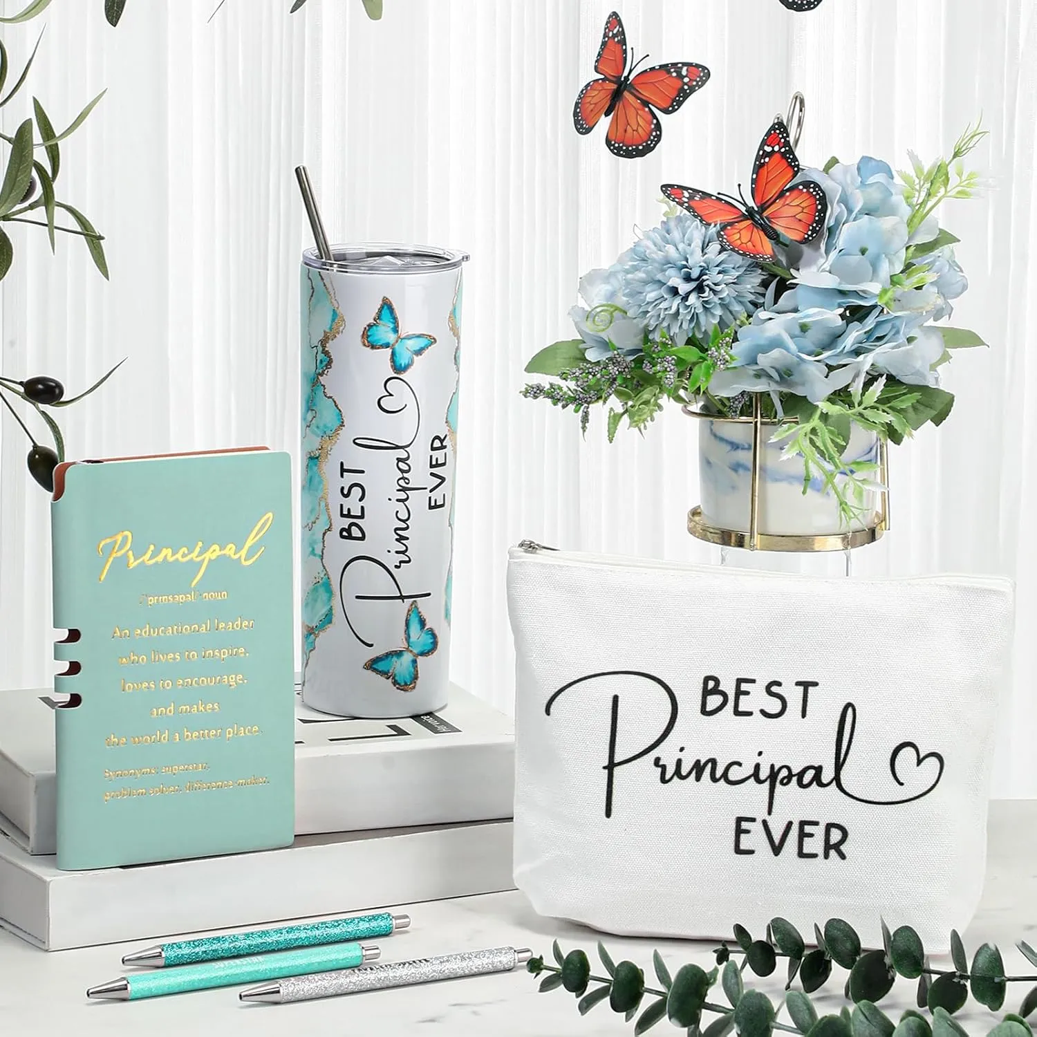 Domensi 6 Pcs Principal Appreciation Gift Set for Women Men Thank You Gift 20oz Rustic Butterfly Marble Sign Tumbler Makeup Bag Journal for School Principal Work Graduation Retirement(Green)
