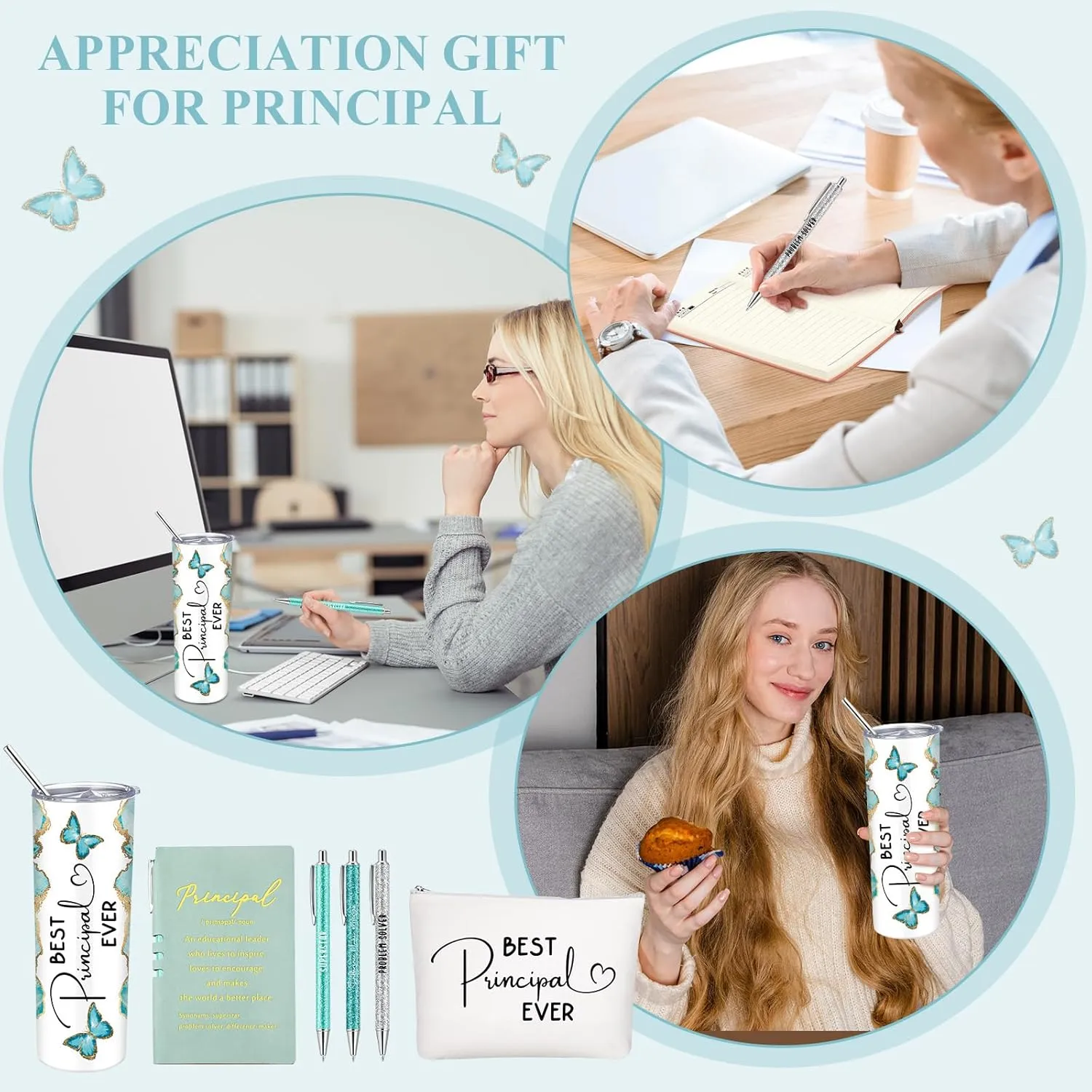 Domensi 6 Pcs Principal Appreciation Gift Set for Women Men Thank You Gift 20oz Rustic Butterfly Marble Sign Tumbler Makeup Bag Journal for School Principal Work Graduation Retirement(Green)