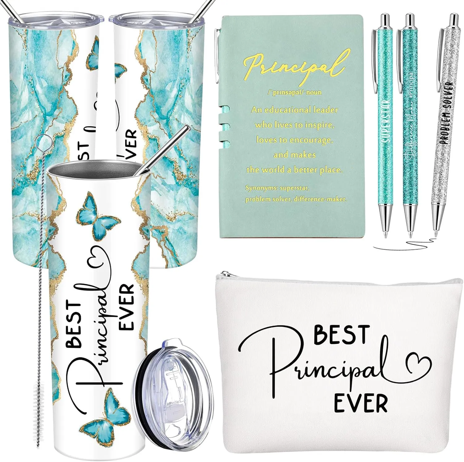 Domensi 6 Pcs Principal Appreciation Gift Set for Women Men Thank You Gift 20oz Rustic Butterfly Marble Sign Tumbler Makeup Bag Journal for School Principal Work Graduation Retirement(Green)