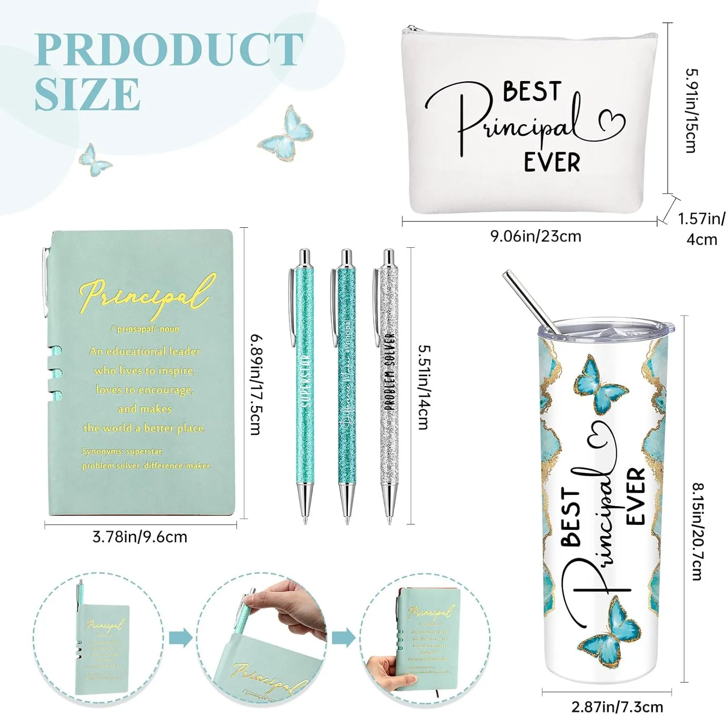Domensi 6 Pcs Principal Appreciation Gift Set for Women Men Thank You Gift 20oz Rustic Butterfly Marble Sign Tumbler Makeup Bag Journal for School Principal Work Graduation Retirement(Green)