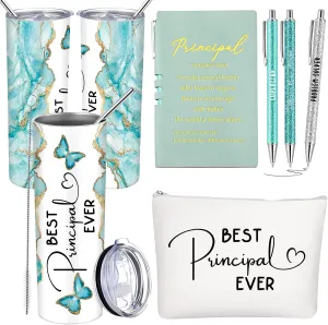 Domensi 6 Pcs Principal Appreciation Gift Set for Women Men Thank You Gift 20oz Rustic Butterfly Marble Sign Tumbler Makeup Bag Journal for School Principal Work Graduation Retirement(Green)