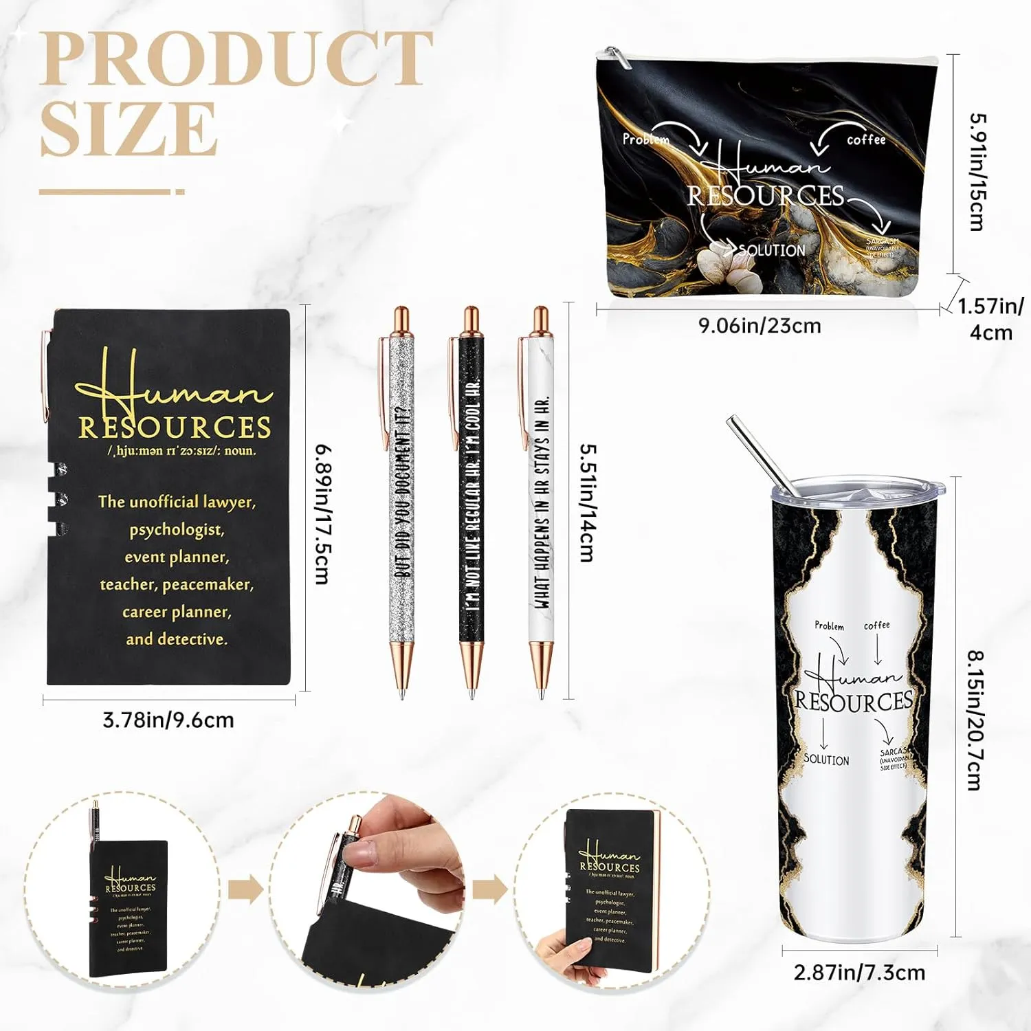 Domensi Set of 6 Human Resources Gift for Women Employee Appreciation 20 oz Marble Sign Tumbler Makeup Bag A6 Notepad and Ballpoints for Office Director Professionals Christmas Graduation(Black)