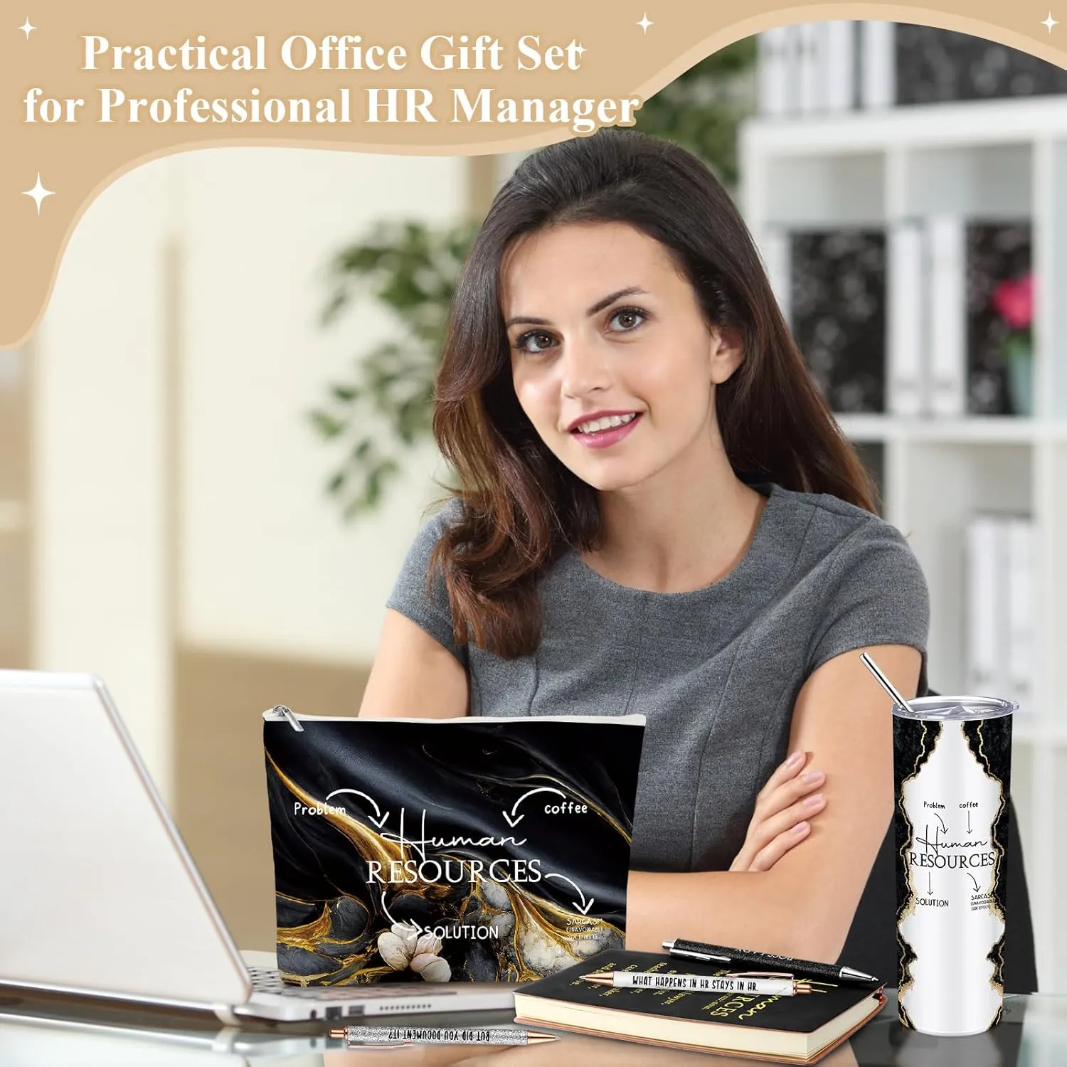 Domensi Set of 6 Human Resources Gift for Women Employee Appreciation 20 oz Marble Sign Tumbler Makeup Bag A6 Notepad and Ballpoints for Office Director Professionals Christmas Graduation(Black)