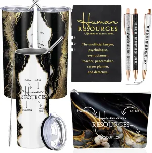 Domensi Set of 6 Human Resources Gift for Women Employee Appreciation 20 oz Marble Sign Tumbler Makeup Bag A6 Notepad and Ballpoints for Office Director Professionals Christmas Graduation(Black)