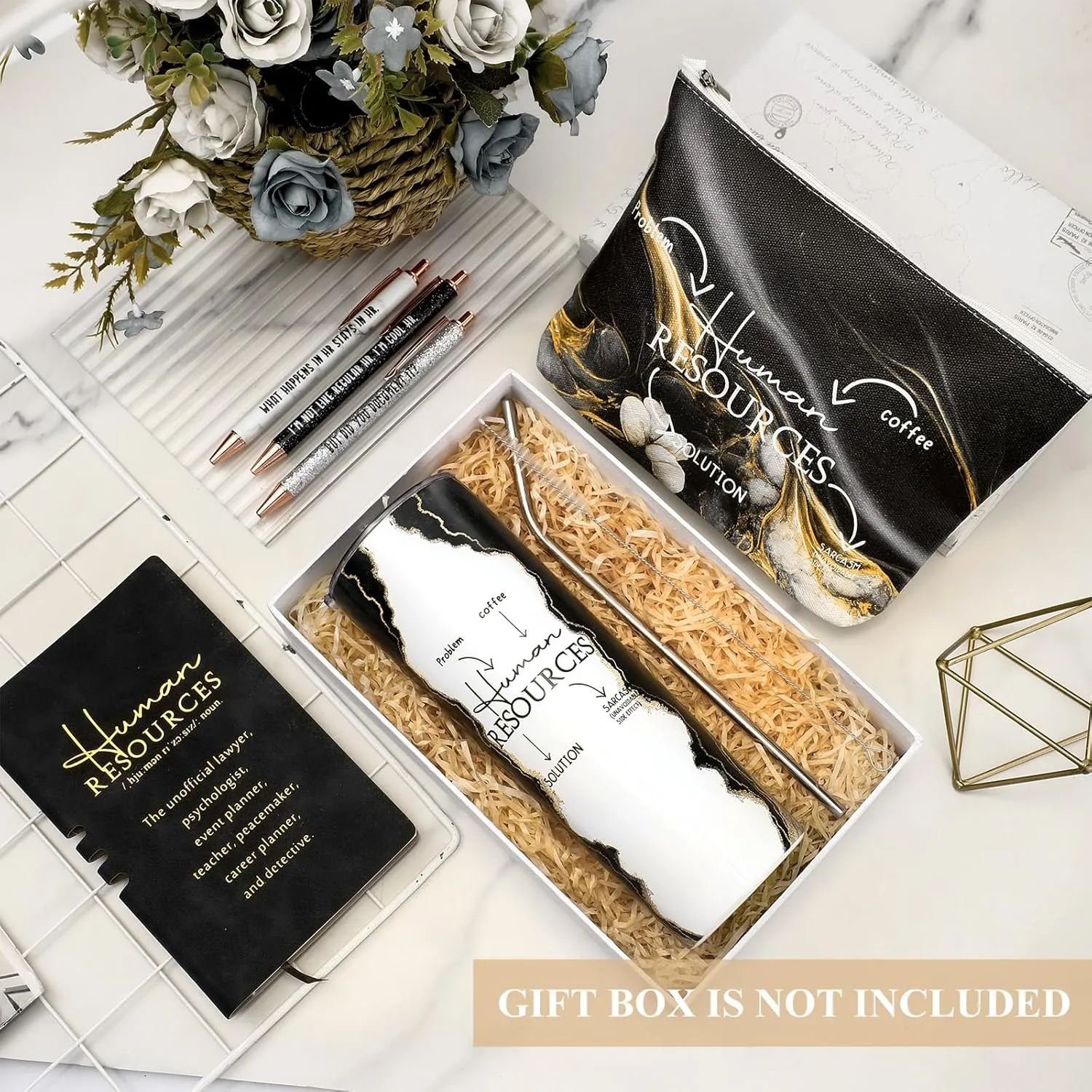 Domensi Set of 6 Human Resources Gift for Women Employee Appreciation 20 oz Marble Sign Tumbler Makeup Bag A6 Notepad and Ballpoints for Office Director Professionals Christmas Graduation(Black)