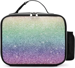 Donnapink Leather Lunch Meal Bag with Buckled Handle, Lunchbox Bag Thermal Insulated Cooler Leakproof Picnic 10.6x3.5x8.3 in Print Rainbow Multi-Colored Glitter Glare Pattern
