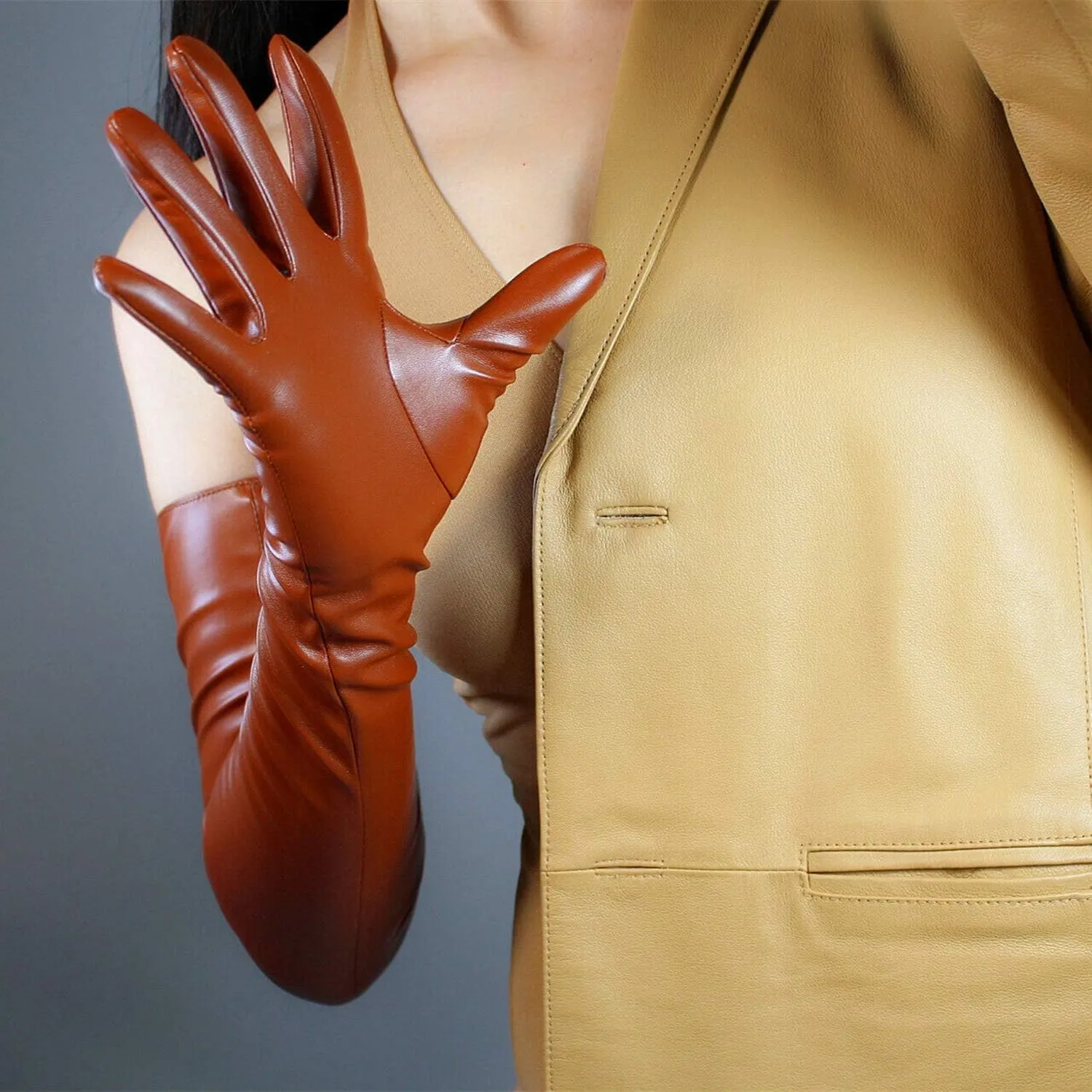 DooWay Extra Long Leather Gloves Women Faux Lambskin Soft 28" Costume Opera Gloves