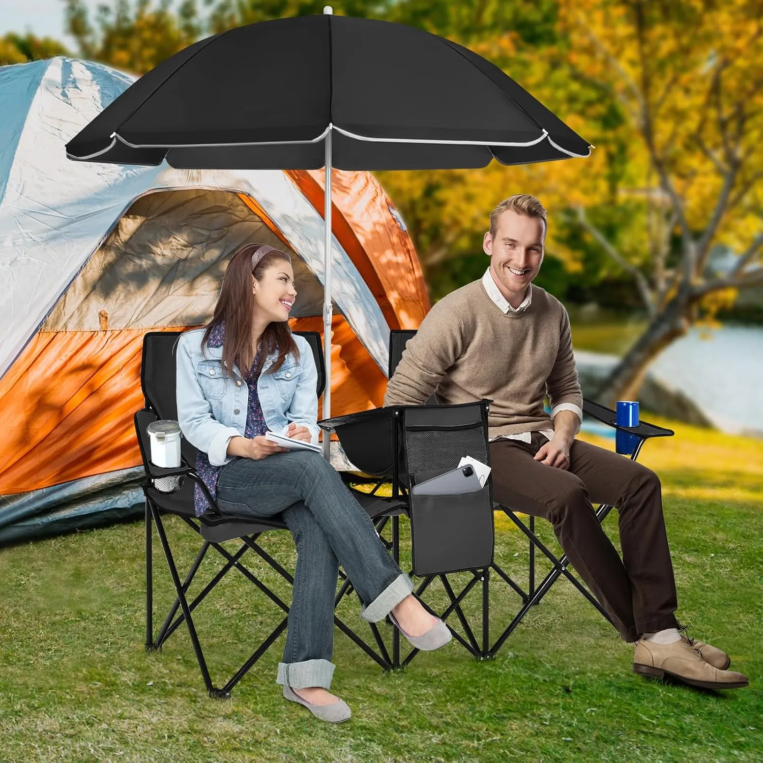 Double Camping Chair, 2-Person Portable Beach Chair w/Removable Umbrella, Cup Holders & Carrying Bag, Folding Loveseat Chairs for Adults Outdoor Picnic (Black)