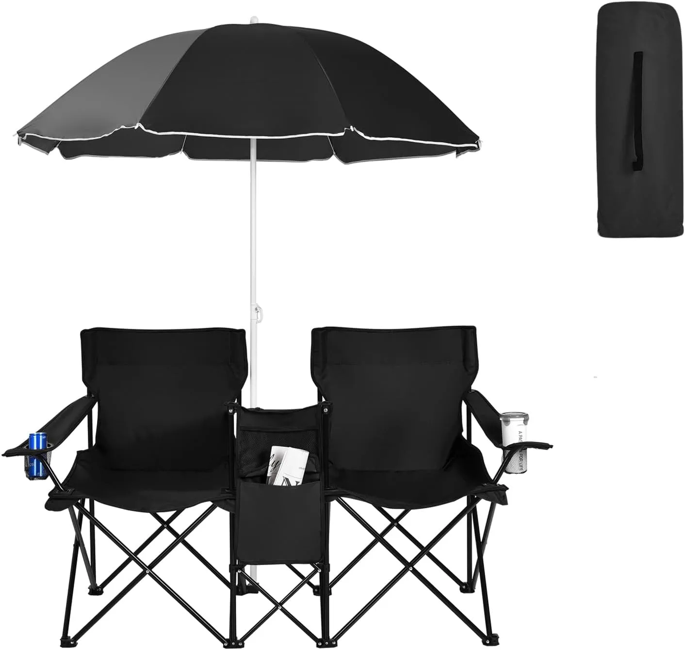 Double Camping Chair, 2-Person Portable Beach Chair w/Removable Umbrella, Cup Holders & Carrying Bag, Folding Loveseat Chairs for Adults Outdoor Picnic (Black)