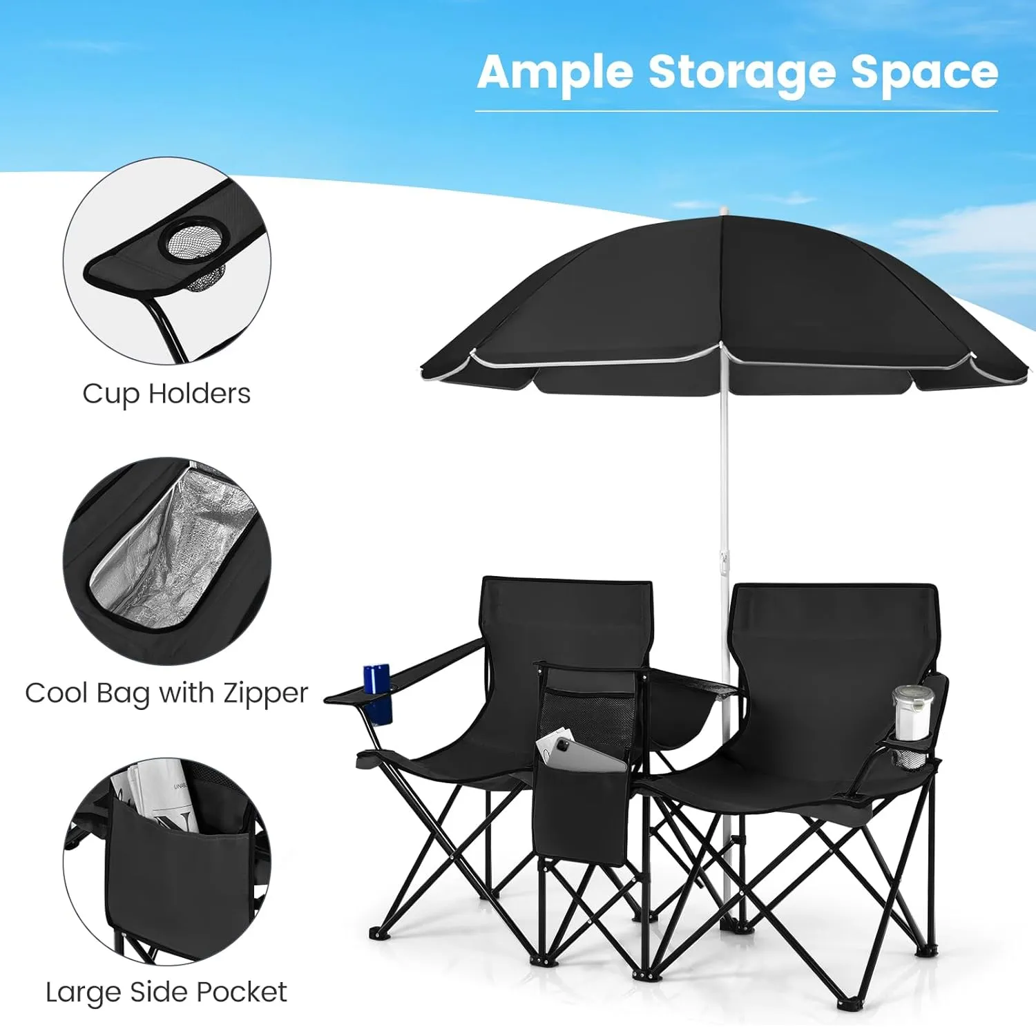 Double Camping Chair, 2-Person Portable Beach Chair w/Removable Umbrella, Cup Holders & Carrying Bag, Folding Loveseat Chairs for Adults Outdoor Picnic (Black)