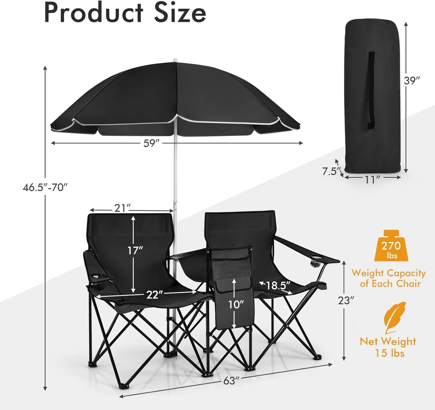 Double Camping Chair, 2-Person Portable Beach Chair w/Removable Umbrella, Cup Holders & Carrying Bag, Folding Loveseat Chairs for Adults Outdoor Picnic (Black)