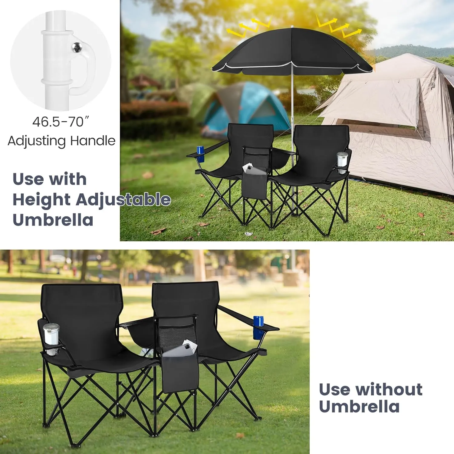 Double Camping Chair, 2-Person Portable Beach Chair w/Removable Umbrella, Cup Holders & Carrying Bag, Folding Loveseat Chairs for Adults Outdoor Picnic (Black)