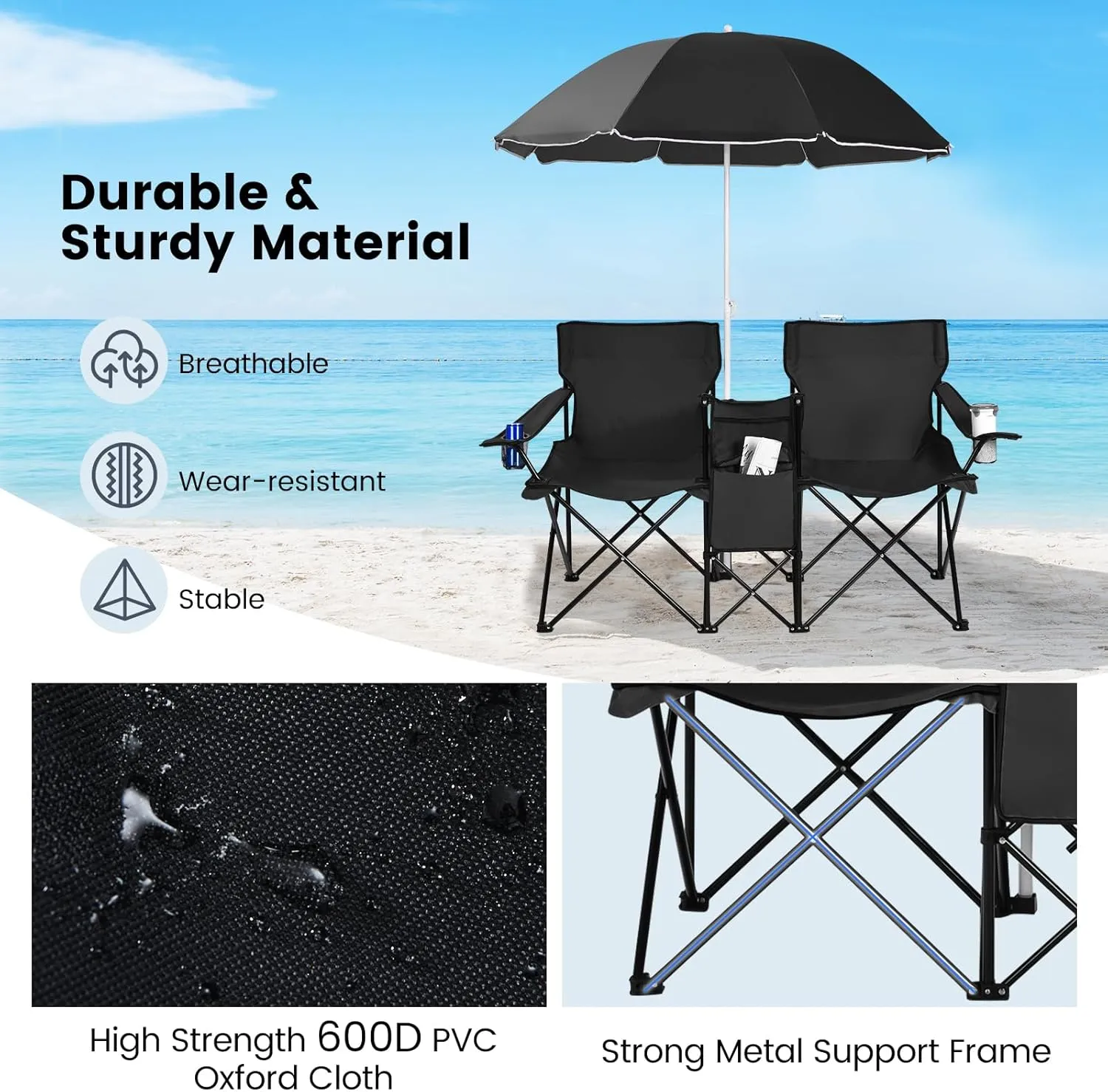 Double Camping Chair, 2-Person Portable Beach Chair w/Removable Umbrella, Cup Holders & Carrying Bag, Folding Loveseat Chairs for Adults Outdoor Picnic (Black)