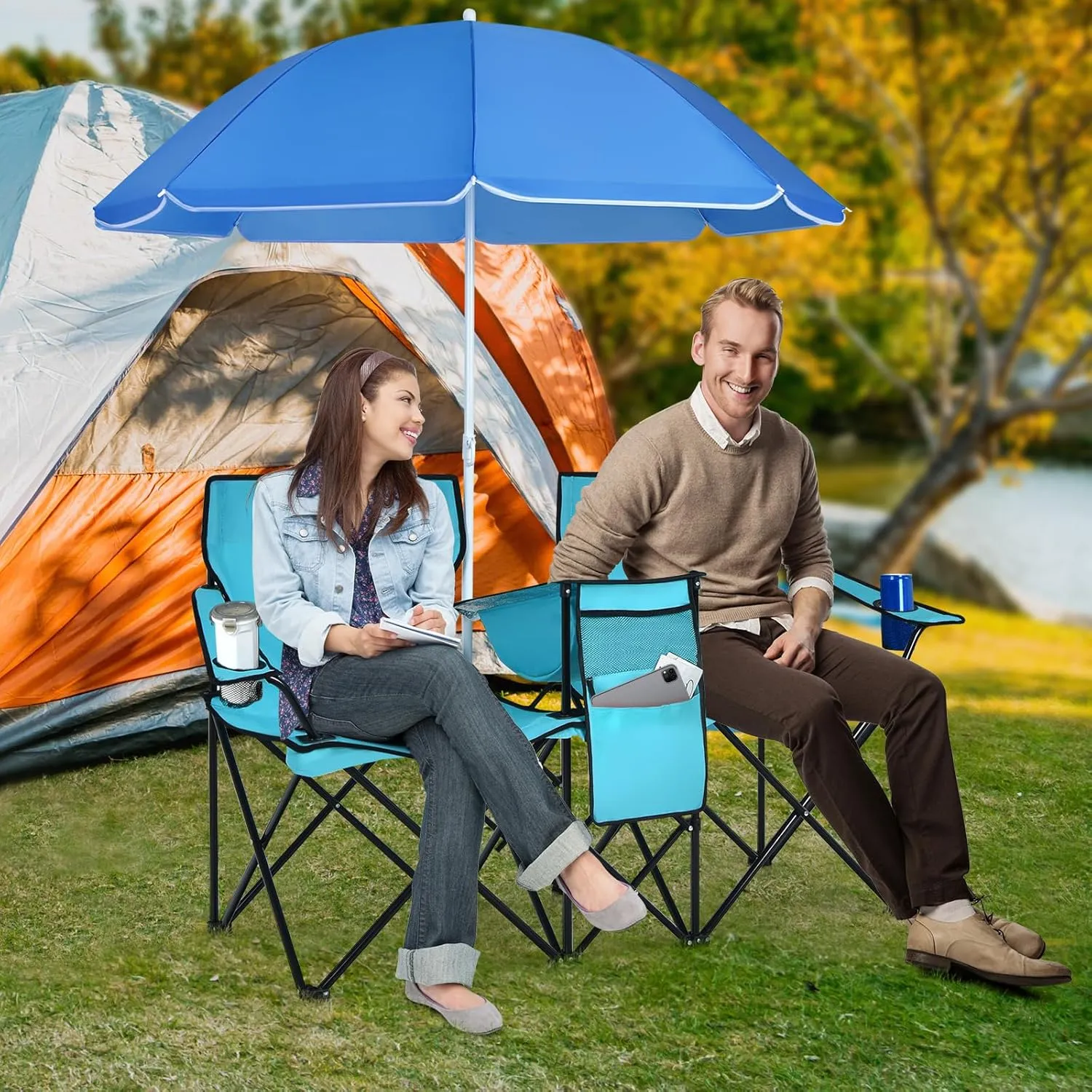 Double Camping Chair, 2-Person Portable Beach Chair w/Removable Umbrella, Cup Holders & Carrying Bag, Folding Loveseat Chairs for Adults Outdoor Picnic (Turquoise)