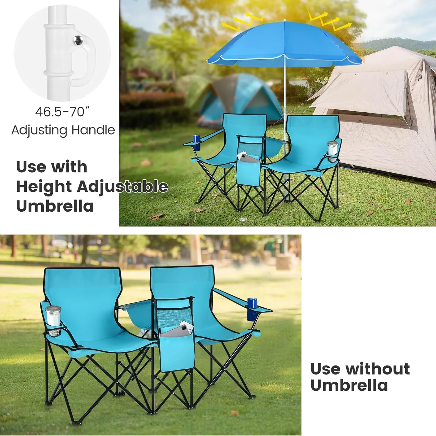 Double Camping Chair, 2-Person Portable Beach Chair w/Removable Umbrella, Cup Holders & Carrying Bag, Folding Loveseat Chairs for Adults Outdoor Picnic (Turquoise)