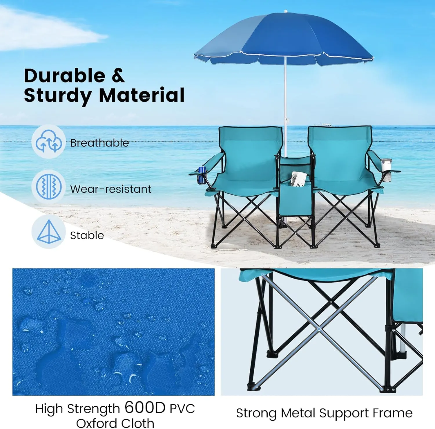Double Camping Chair, 2-Person Portable Beach Chair w/Removable Umbrella, Cup Holders & Carrying Bag, Folding Loveseat Chairs for Adults Outdoor Picnic (Turquoise)