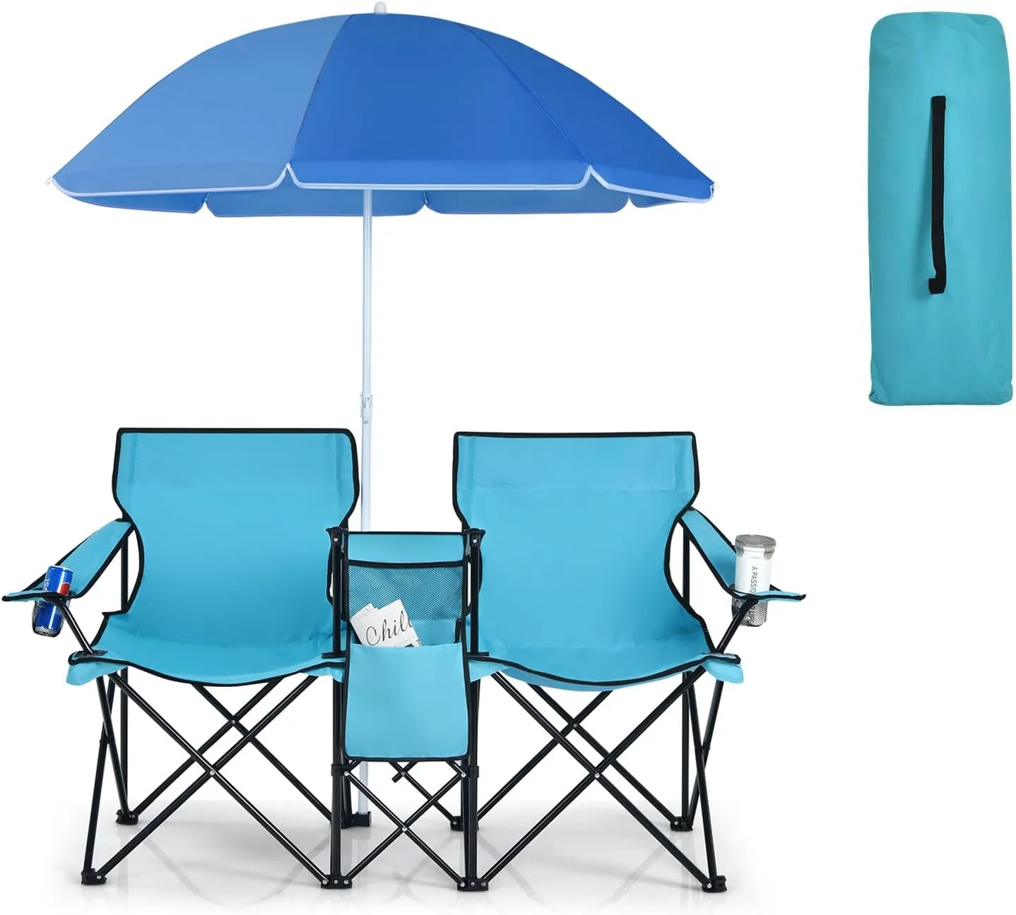 Double Camping Chair, 2-Person Portable Beach Chair w/Removable Umbrella, Cup Holders & Carrying Bag, Folding Loveseat Chairs for Adults Outdoor Picnic (Turquoise)