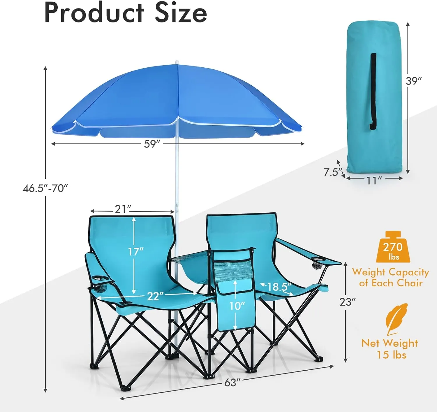 Double Camping Chair, 2-Person Portable Beach Chair w/Removable Umbrella, Cup Holders & Carrying Bag, Folding Loveseat Chairs for Adults Outdoor Picnic (Turquoise)