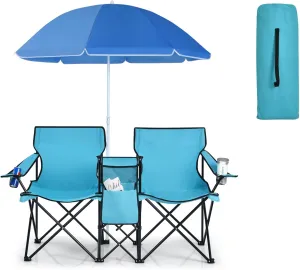 Double Camping Chair, 2-Person Portable Beach Chair w/Removable Umbrella, Cup Holders & Carrying Bag, Folding Loveseat Chairs for Adults Outdoor Picnic (Turquoise)