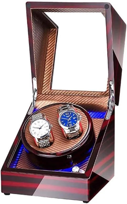 Double Watch Winder Box for Automatic Watches with Blue LED Light Wood Shell Piano Paint Exterior Extremely Silent Motor (E)