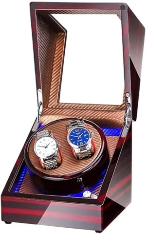 Double Watch Winder Box for Automatic Watches with Blue LED Light Wood Shell Piano Paint Exterior Extremely Silent Motor (E)