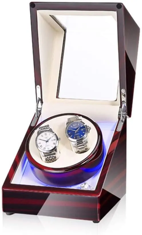 Double Watch Winder Box for Automatic Watches, with Blue LED Light, Wood Shell Piano Paint Exterior, Extremely Silent Motor Watch Winder Display Watch Box Case Watch Storage B