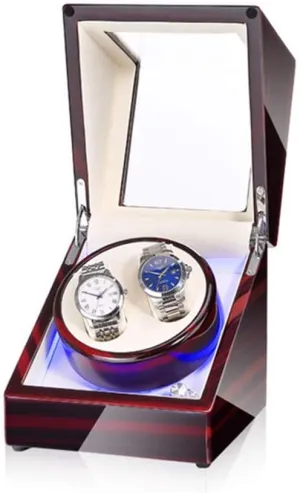 Double Watch Winder Box for Automatic Watches, with Blue LED Light, Wood Shell Piano Paint Exterior, Extremely Silent Motor Watch Winder Display Watch Box Case Watch Storage B