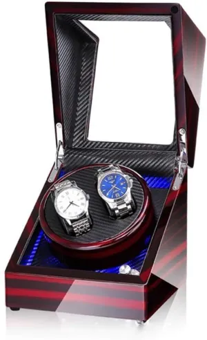 Double Watch Winder Box for Automatic Watches, with Blue LED Light, Wood Shell Piano Paint Exterior, Extremely Silent Motor Watch Winder Display Watch Box Case Watch Storage E