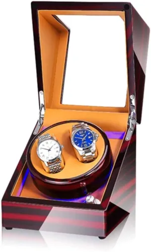Double Watch Winder Box for Automatic Watches, with Blue LED Light, Wood Shell Piano Paint Exterior, Extremely Silent Motor Watch Winder for Automatic Watches F