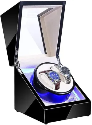 Double Watch Winder for Automatic Watches with Blue Led Light Black Piano Paint Exterior Ac Adapter and Battery Powered Durable Watch Winder Display Watch Box Case Watch Storage