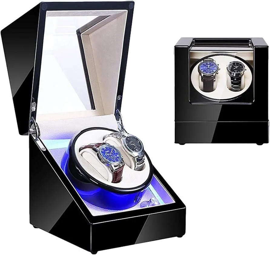 Double Watch Winder for Automatic Watches with Blue Led Light Black Piano Paint Exterior Ac Adapter and Battery Powered Durable Watch Winder Display Watch Box Case Watch Storage