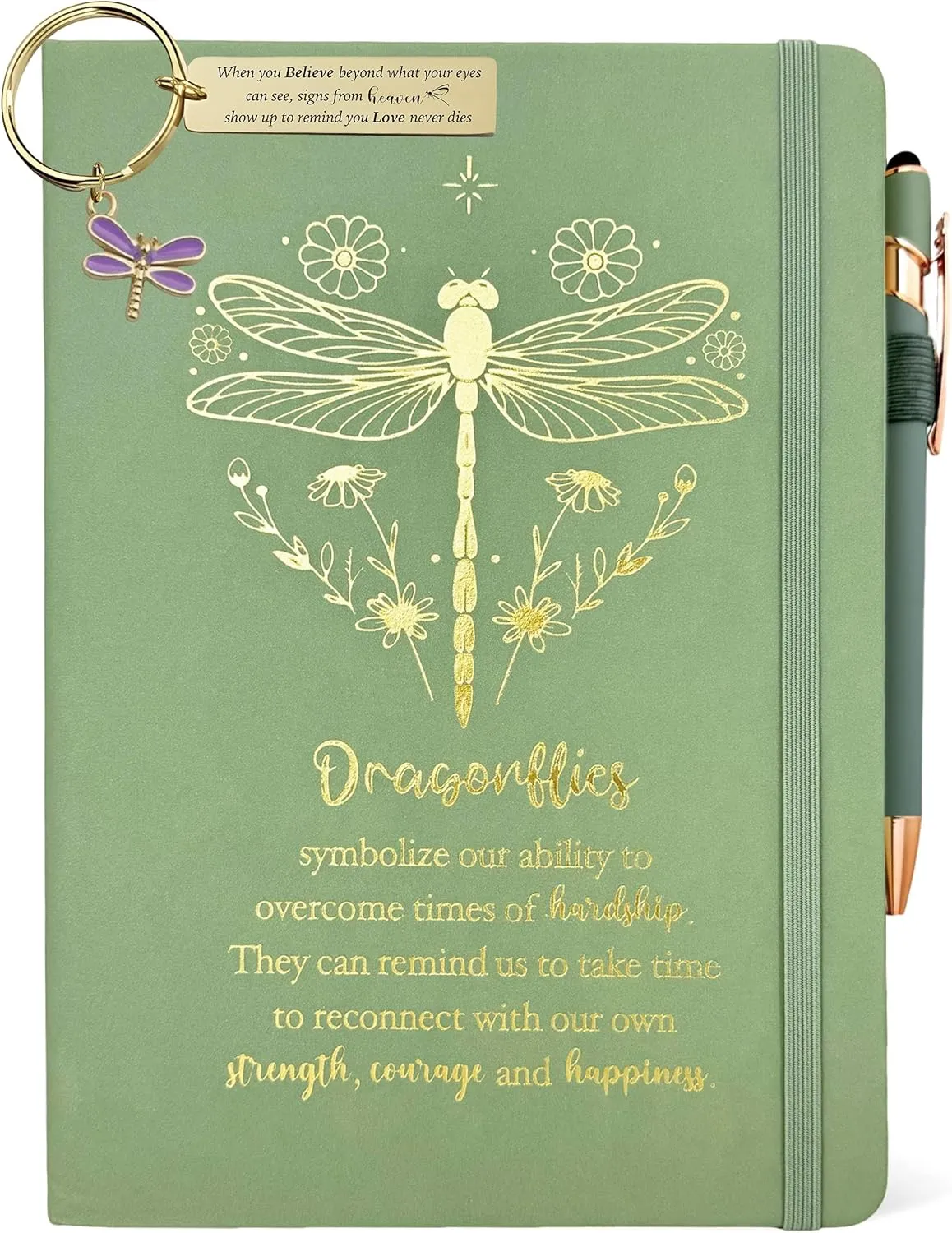 Dragonfly Gifts Women, Dragonfly Journal Sage Green 200 Pages Notebook A5 Lined with Pen and Keychain, Inspirational Encouragement Gifts for Dragonfly Lovers, Dragonfly Memorial Gift Her