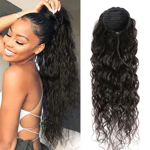 Drawstring Ponytail Extension Human Hair Water Wave Afro Ponytail Natural Black Color Brazilian Virgin Human Hair Ponytail Remy Hair Extensions for Black Women (14 Inches, 105g)