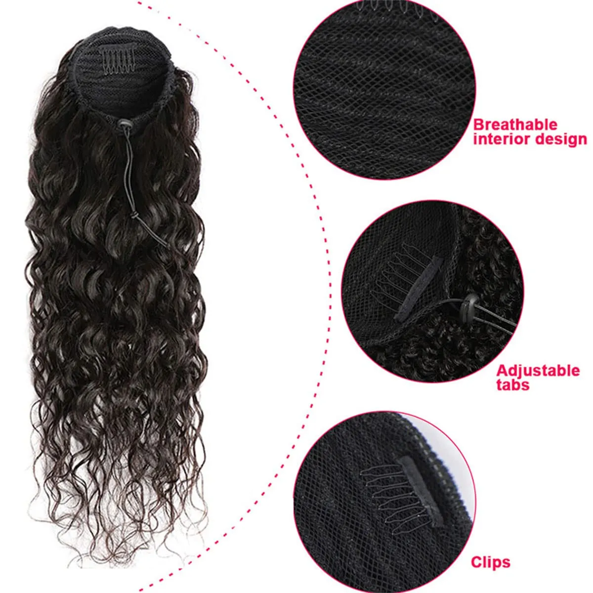Drawstring Ponytail Extension Human Hair Water Wave Afro Ponytail Natural Black Color Brazilian Virgin Human Hair Ponytail Remy Hair Extensions for Black Women (14 Inches, 105g)