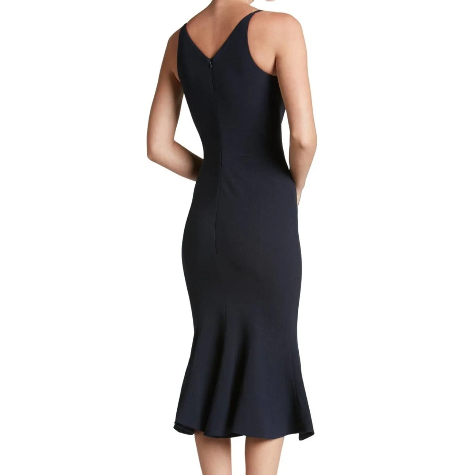 Dress the Population Black Isabelle Deep V-Neck Mermaid Midi Fitted Dress Sz S