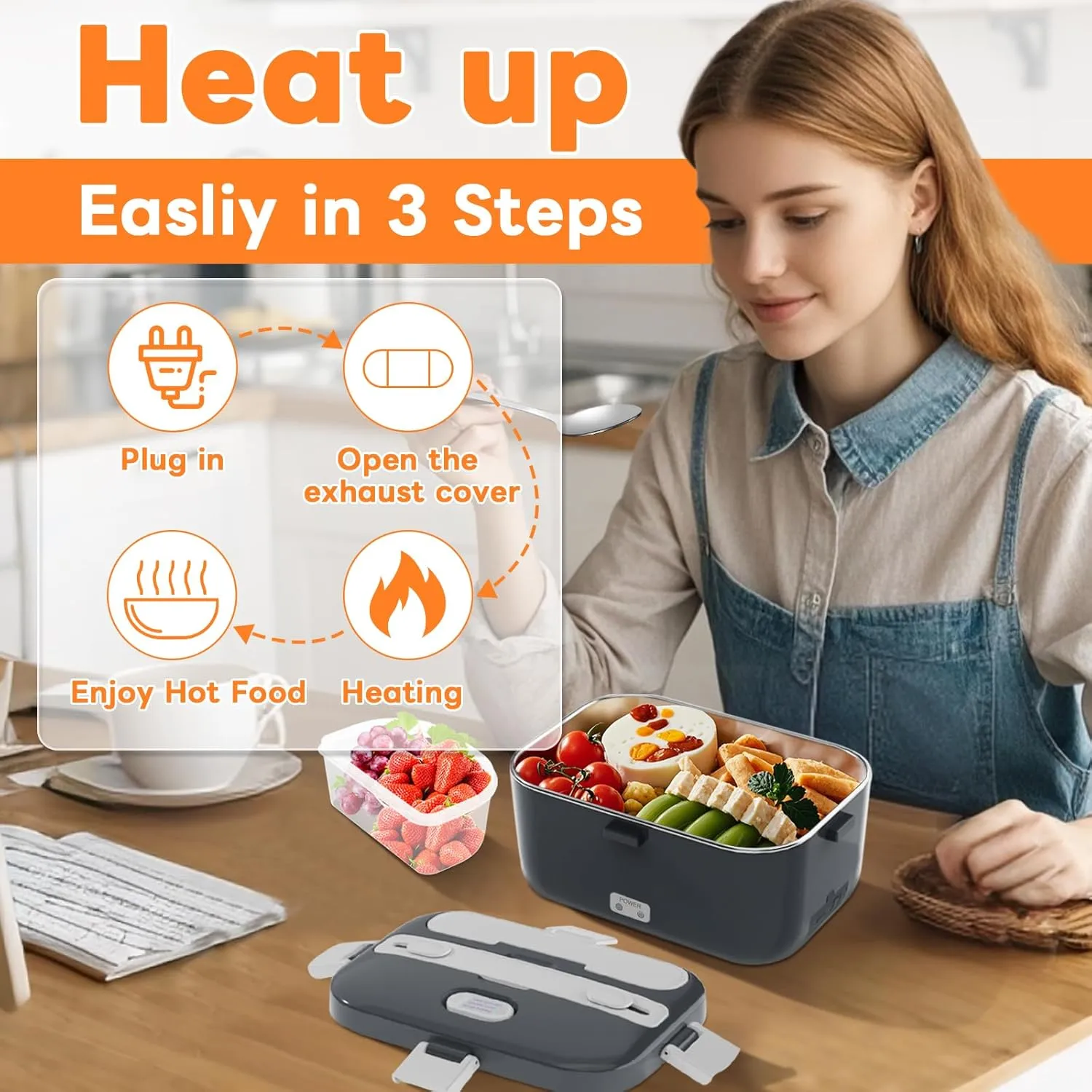 DUPASU Electric Lunch Box Food Warmer: 100W Heated Lunch Box for Adults, 1.8L Portable Fast Heating Lunchbox Food Heater for Car, Truck, Work, Travel, Lonchera Elctrica Porttil 12/24V/110-230V
