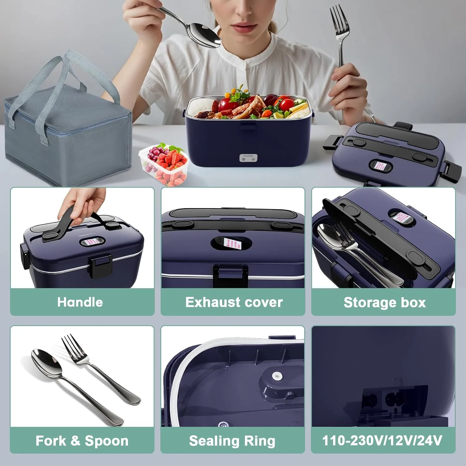 DUPASU Electric Lunch Box Food Warmer: 100W Heated Lunch Box for Adults, 1.8L Portable Fast Heating Lunchbox Food Heater for Car, Truck, Work, Travel, Lonchera Elctrica Porttil 12/24V/110-230V