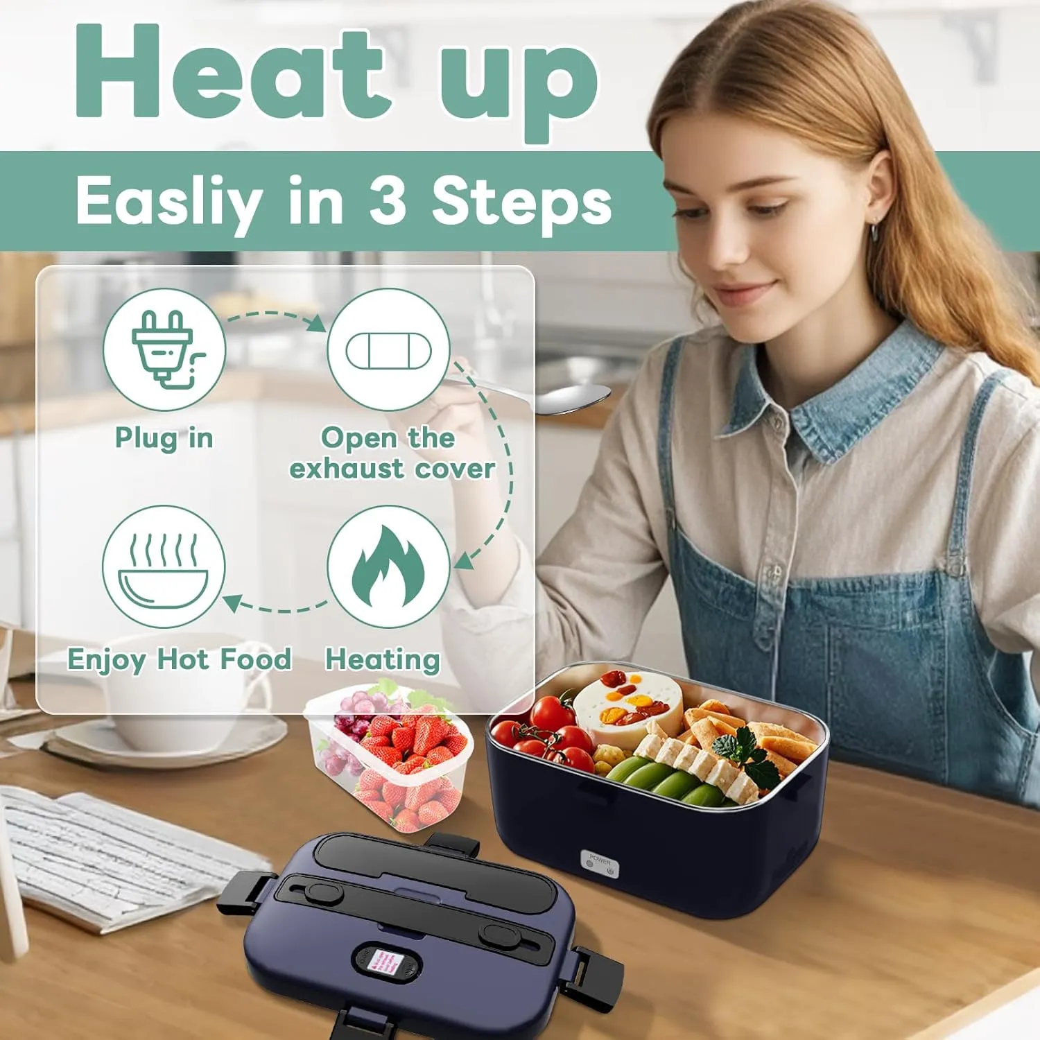 DUPASU Electric Lunch Box Food Warmer: 100W Heated Lunch Box for Adults, 1.8L Portable Fast Heating Lunchbox Food Heater for Car, Truck, Work, Travel, Lonchera Elctrica Porttil 12/24V/110-230V