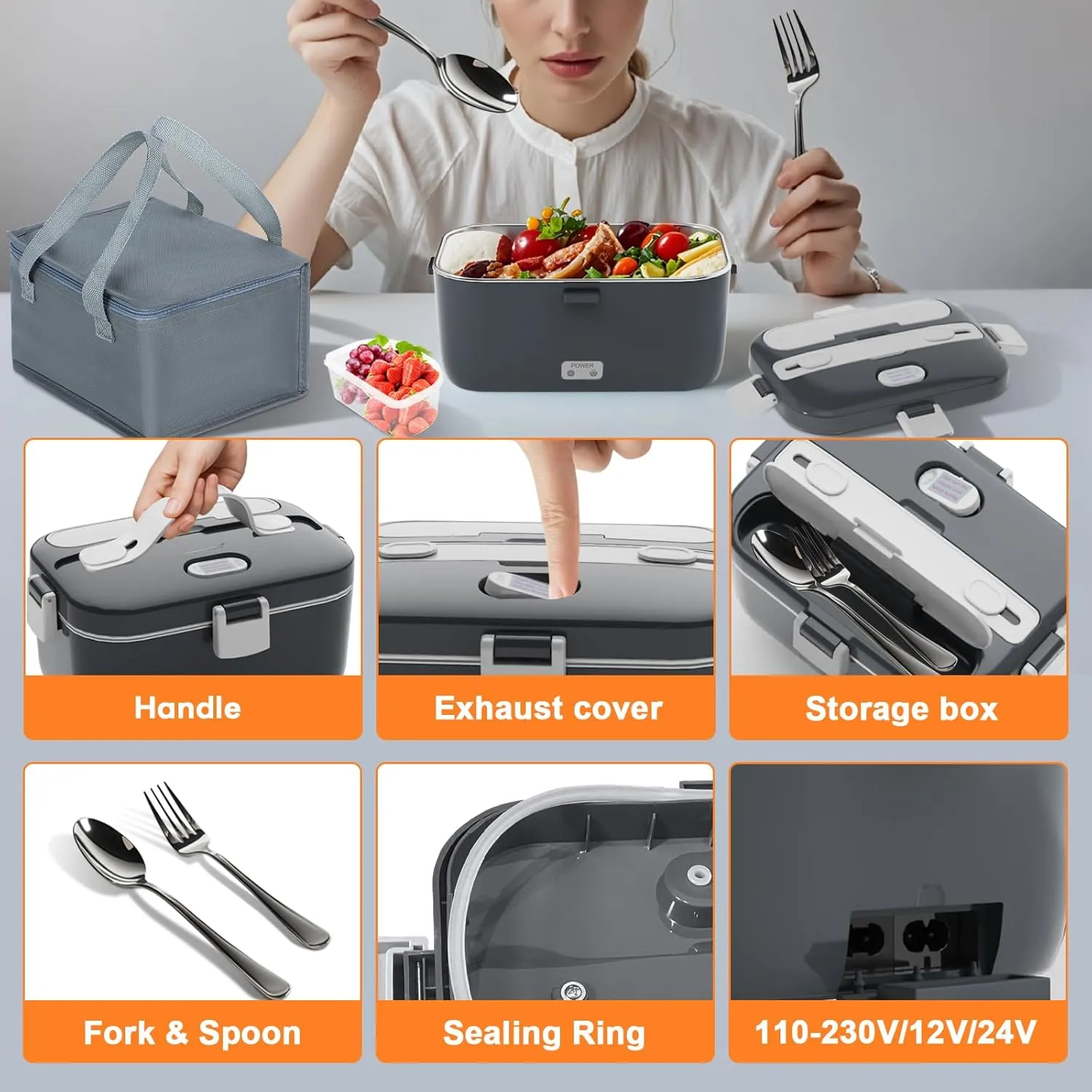 DUPASU Electric Lunch Box Food Warmer: 100W Heated Lunch Box for Adults, 1.8L Portable Fast Heating Lunchbox Food Heater for Car, Truck, Work, Travel, Lonchera Elctrica Porttil 12/24V/110-230V