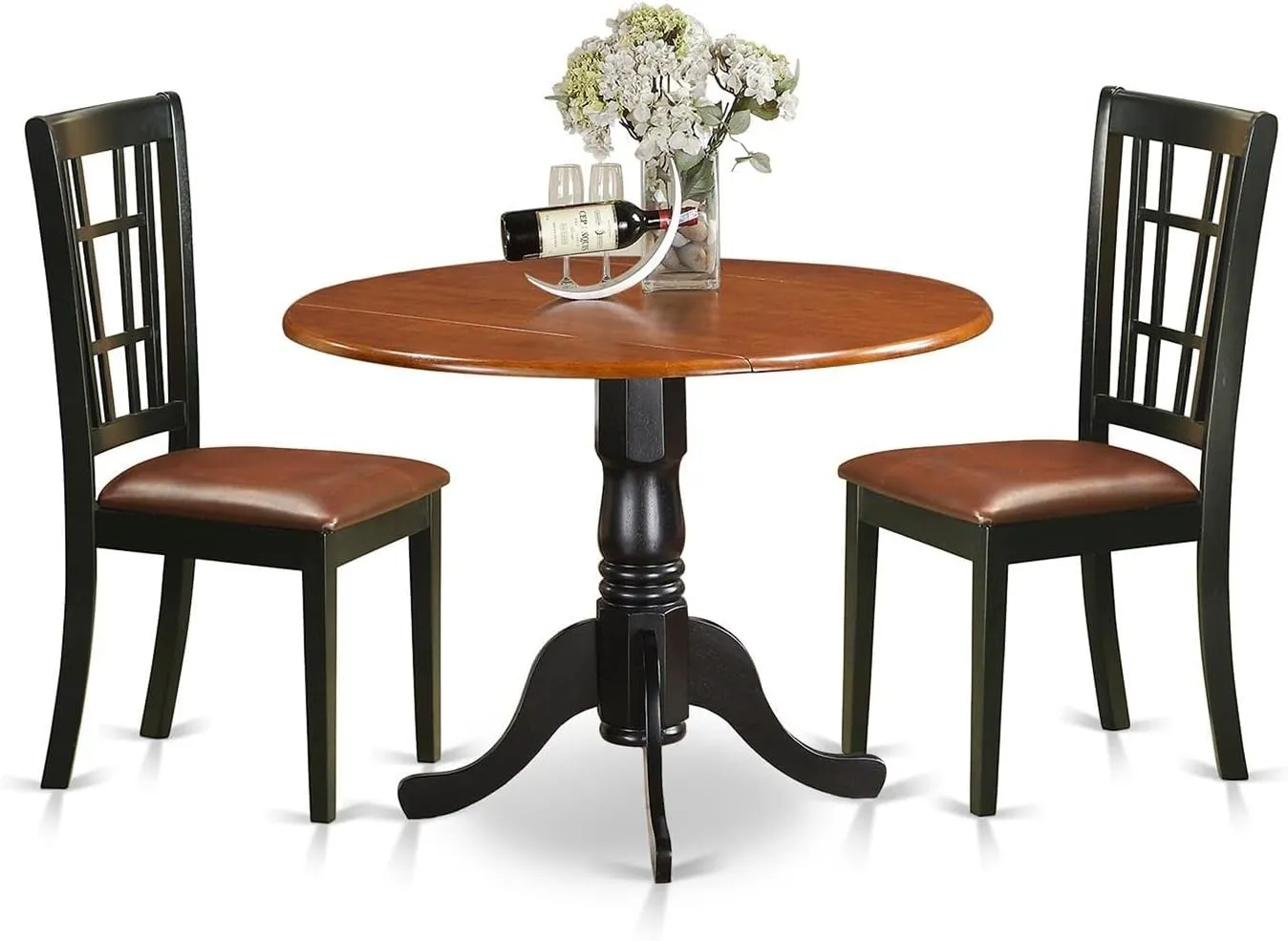 East West Furniture DLNI3-BCH-LC 3 Piece Dining Set Contains a Round Dining Room Table with Dropleaf and 2 Faux Leather Upholstered Chairs, 42x42 Inch, Black & Cherry