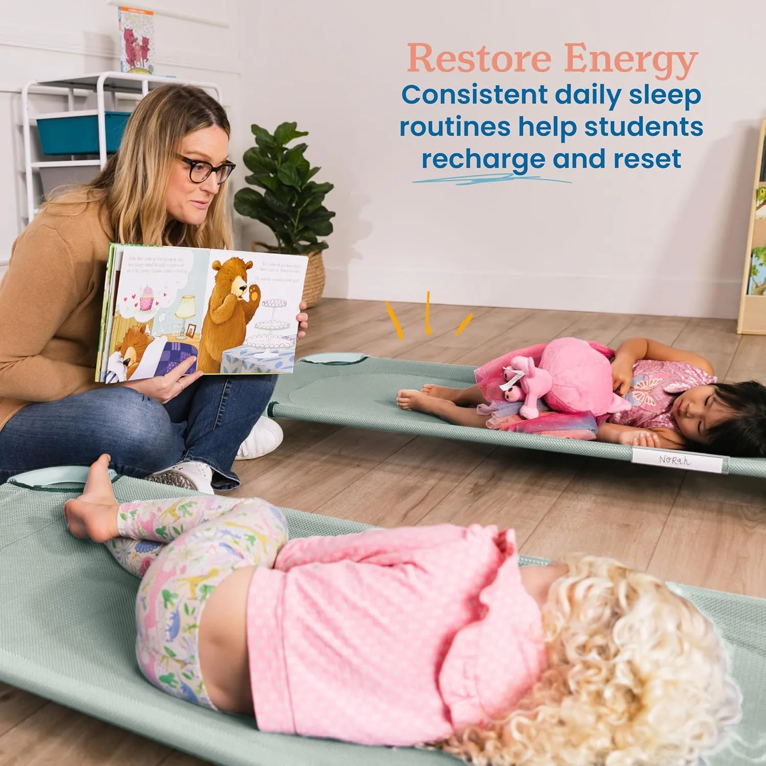 ECR4Kids Stackable Cozy Cot with Storage, Classroom Furniture, Sage, 6-Pack