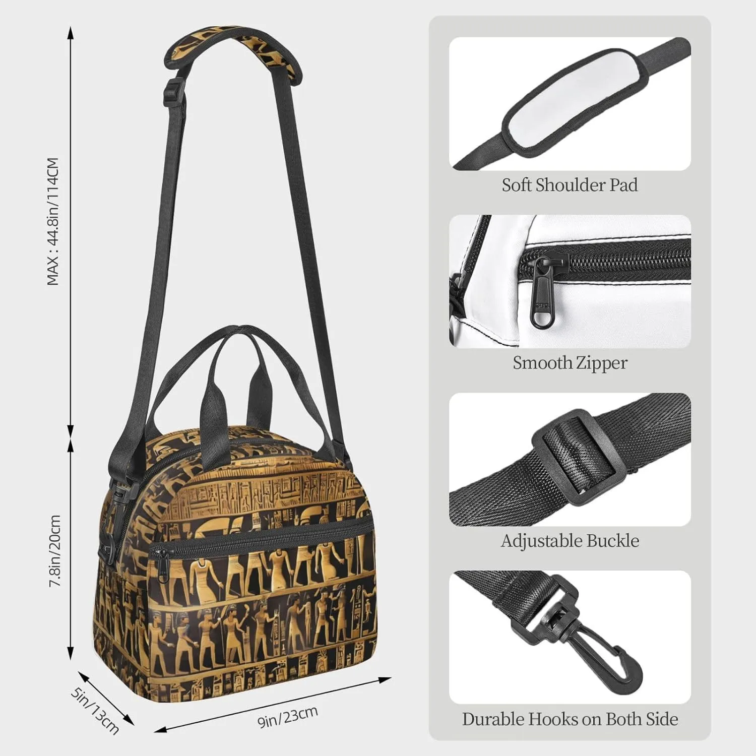 Egypts Hieroglyphics Print Crossbody Insulated Lunch Bags For Women Men Cooler Bag Lightweight Waterproof Lunch Box