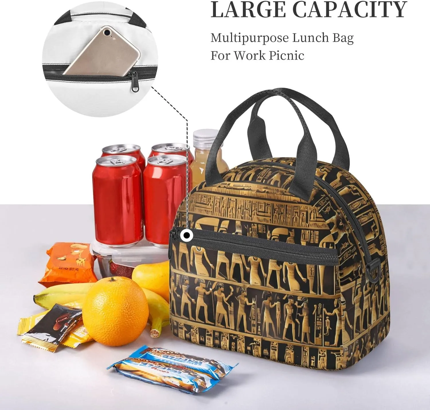Egypts Hieroglyphics Print Crossbody Insulated Lunch Bags For Women Men Cooler Bag Lightweight Waterproof Lunch Box