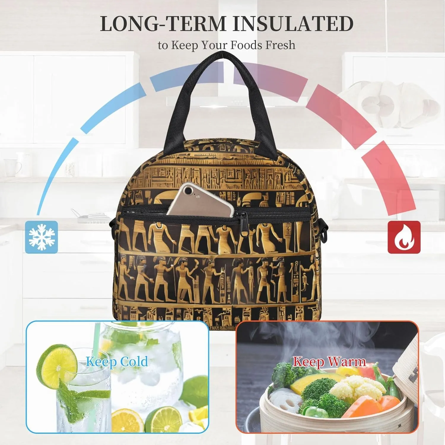 Egypts Hieroglyphics Print Crossbody Insulated Lunch Bags For Women Men Cooler Bag Lightweight Waterproof Lunch Box