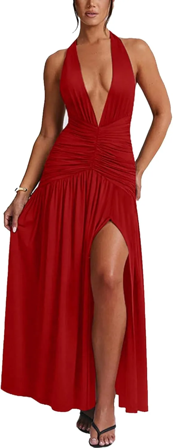 Ekaliy Women's Sexy Halter Deep V Neck Maxi Dress Sleeveless Backless High Slit Ruched Long Dress Summer Party Cocktail Dress