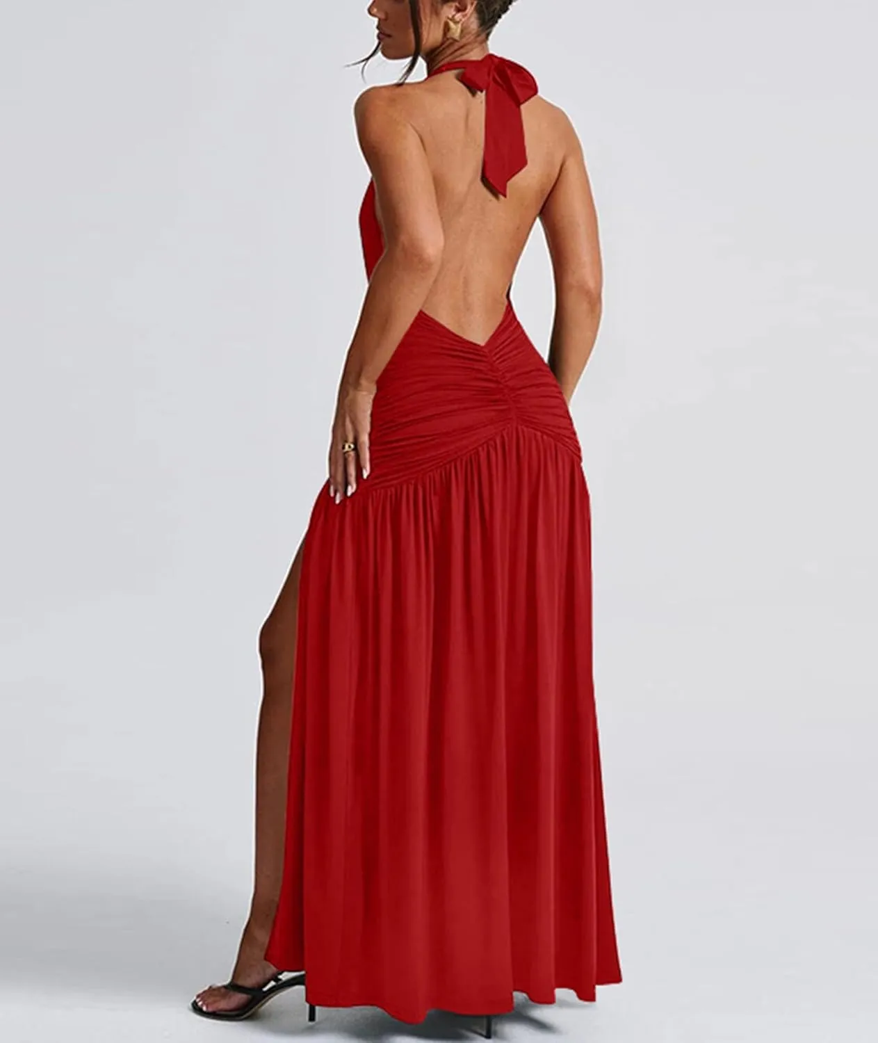 Ekaliy Women's Sexy Halter Deep V Neck Maxi Dress Sleeveless Backless High Slit Ruched Long Dress Summer Party Cocktail Dress