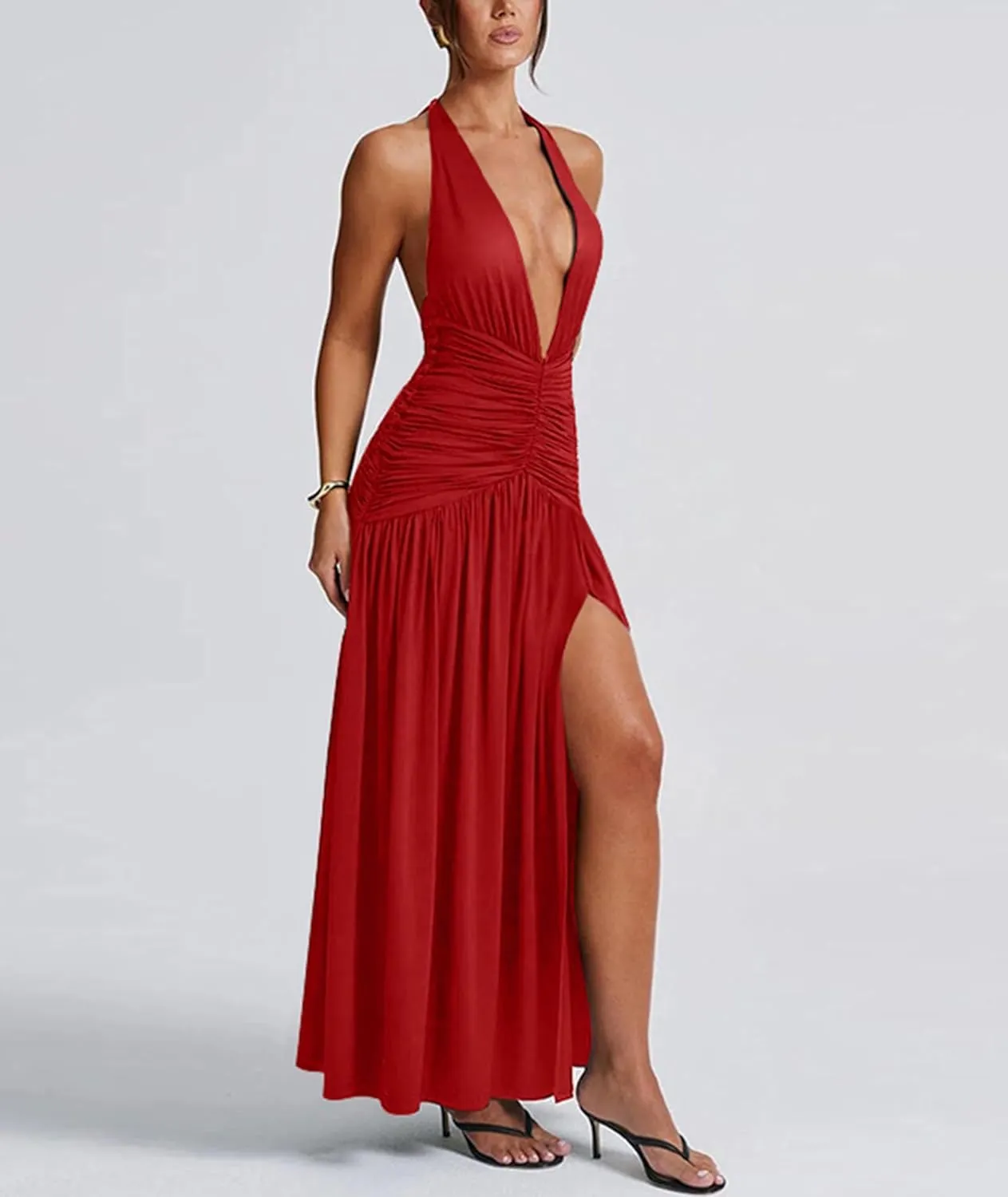 Ekaliy Women's Sexy Halter Deep V Neck Maxi Dress Sleeveless Backless High Slit Ruched Long Dress Summer Party Cocktail Dress