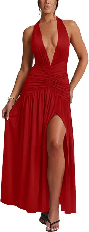 Ekaliy Women's Sexy Halter Deep V Neck Maxi Dress Sleeveless Backless High Slit Ruched Long Dress Summer Party Cocktail Dress